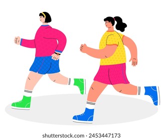 A vibrant illustration featuring two active women running. The illustration is hand-drawn and created in a flat vector style to depict people. Isolated on a white background.