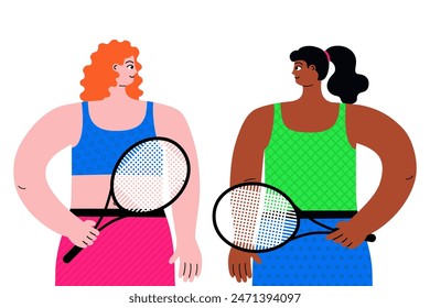 Una vibrante ilustración de dos mujeres activas a punto de jugar al tenis. La ilustración está dibujada a mano y creada en un estilo de Vector plano para representar a las personas. Aislado sobre un fondo blanco.