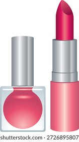 Una ilustración vibrante con dos elementos cosméticos clásicos: una botella de esmalte de uñas rojo o rojo rosado y un lápiz labial a juego con tapas de color plateado. Estos productos de belleza ampliamente utilizados representan maquillaje y cuidado personal, lo que hace que la obra de arte sea ideal para temas de belleza de salón, marcas de cosméticos, imágenes de moda y proyectos de marketing relacionados con la belleza.