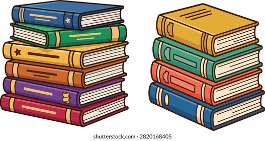 A vibrant illustration featuring two neat stacks of multi-colored hardback books, perfect for education, library, and reading concepts.