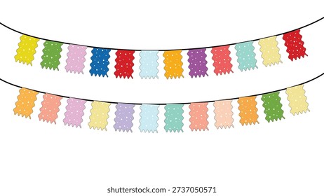 A vibrant illustration featuring two rows of colorful bunting flags strung along curved black lines, perfect for adding a festive touch to any celebration or party design element.