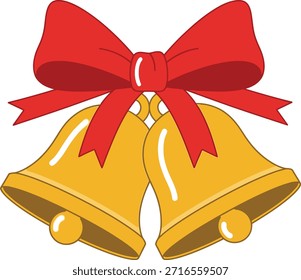 A vibrant illustration featuring two shiny golden bells adorned with a festive red bow, evoking a sense of celebration and holiday cheer.