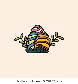 Ilustração vibrante com dois ovos de Páscoa listrados aninhados entre folhas e arbustos. Cores brilhantes e brincalhonas evocam primavera, celebração e decoração festiva ideais para Páscoa, reuniões familiares ou imagens de stock sazonais.