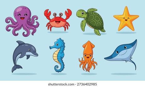 A vibrant illustration featuring a variety of adorable cartoon sea animals, including an octopus, crab, turtle, starfish, dolphin, seahorse, squid, and stingray.