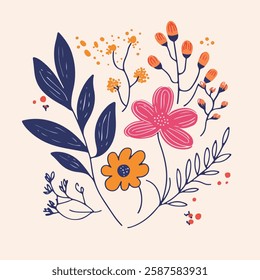 A vibrant illustration featuring a variety of flowers and leaves in a playful, artistic style. 