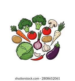 A vibrant illustration featuring a variety of fresh vegetables including broccoli, carrots, tomatoes, mushrooms, potatoes, cabbage, onions, garlic, eggplant, and chili peppers. The artwork is created in a clean cartoon style with bold outlines, perfect for food-related designs, healthy eating campaigns, or educational materials.