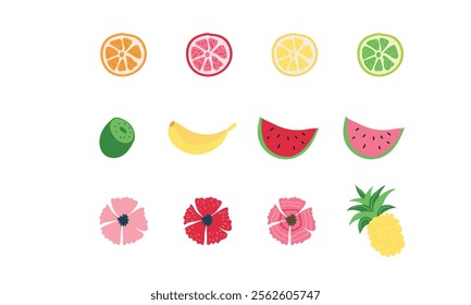 A vibrant illustration featuring a variety of fruits like citrus, watermelon, banana, and pineapple, alongside decorative flowers.