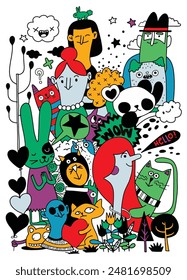 A vibrant illustration featuring a variety of whimsical doodle characters in bright colors, including animals, people, and abstract elements, set against a white background.
