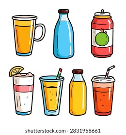 A vibrant illustration featuring various beverage containers including glasses, bottles, and cans with colorful drinks and garnishes.