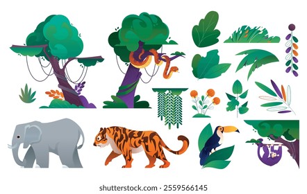 A vibrant illustration featuring various jungle elements including trees, leaves, and animals. 
