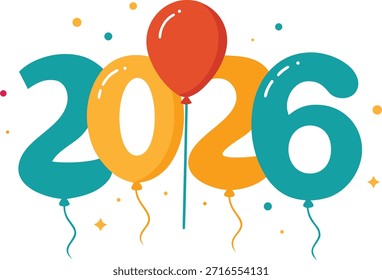 Una ilustración vibrante que presenta el año 2026, con cada número diseñado creativamente como un globo colorido. Los números están en tonos de verde azulado y amarillo, con un globo rojo prominente en el medio, que simboliza una celebración festiva y alegre. La Imagen está adornada con Pequeños puntos y confeti, realzando la atmósfera de celebración.