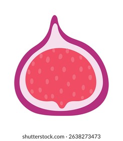 Vibrant illustration of a fig cut in half, showcasing its red flesh dotted with seeds and purple skin, ideal for food illustrations, health publications, or culinary designs
