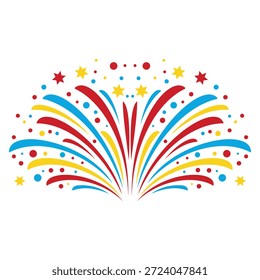 Vibrante ilustración de una explosión de fuegos artificiales con rayas curvas rojas, azules y amarillas, estrellas y puntos sobre un fondo blanco puro, creando una atmósfera festiva y de celebración.