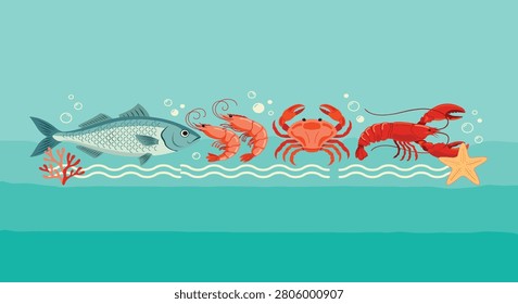 Vibrant illustration of a fish, shrimp, crab, lobster, and starfish swimming together in an underwater ocean scene with coral and bubbles, showcasing marine life