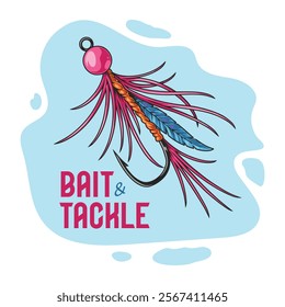 A vibrant illustration of a fishing lure featuring bright colors and intricate details. The design emphasizes the hook and feathers ideal for attracting fish during outdoor activities.