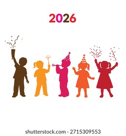 Vibrant illustration of five children in different colors celebrating with party horns and fireworks, with the year 2026 displayed prominently above them on a white background