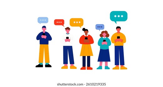A vibrant illustration of five diverse individuals, each holding a smartphone and engaging in digital communication.