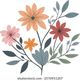 A vibrant illustration of a floral arrangement featuring various flowers in shades of orange, pink, red, and yellow, complemented by green leaves and stems. 