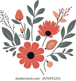 A vibrant illustration of a floral arrangement featuring orange flowers, green leaves, and delicate branches.