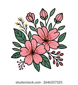A vibrant illustration of a floral arrangement with pink blossoms, green leaves, and budding stems, all outlined in black on a white background.