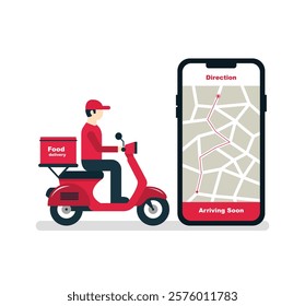 A vibrant illustration of a food delivery person riding a red scooter, accompanied by a smartphone displaying a delivery map. The design symbolizes fast and efficient food delivery services with a mod