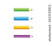 Vibrant illustration of four colored pencils: green, blue, yellow, and purple. Perfect for educational or creative projects.