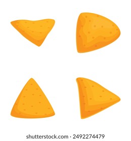 Vibrant illustration of four different nacho chips with varying textures, isolated on a white background