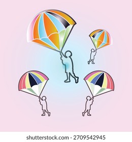 Vibrante ilustración de cuatro figuras humanas descendiendo con paracaídas segmentados multicolores.
