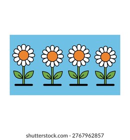 Vibrant illustration of four white daisies with bright orange centers and green leaves on a blue background, perfect for design projects, gardening concepts, or floral themes