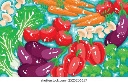 Vibrant Illustration of Fresh Organic Vegetables in Water – Featuring Tomatoes, Carrots, Mushrooms, and Broccoli. Perfect for Food Blogs, Healthy Eating Campaigns, and Organic Market Branding.