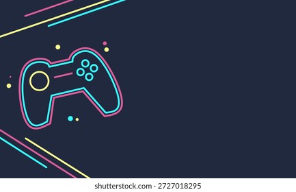 Una ilustración vibrante de un mando de gamepad o joystick creado con líneas coloridas de estilo neón sobre un fondo azul oscuro, con un espacio vacío limpio en el lado derecho para Elementos de texto o gráficos.
