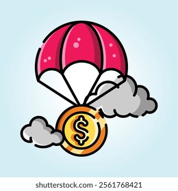 A vibrant illustration of a gold coin with a dollar sign parachuting from the sky, symbolizing financial success and unexpected wealth.