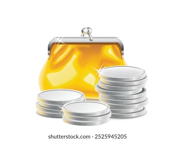 Uma ilustração vibrante de uma bolsa dourada repleta de moedas de prata, simbolizando riqueza, poupanças e prosperidade financeira. Perfeito para os conceitos financeiros, empresariais e pessoais.