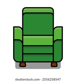 A vibrant illustration of a green armchair with wide armrests, a cushioned backrest, and sturdy wooden legs. The minimalist design and bold color make it ideal for furniture or interior design concept