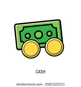 A vibrant illustration of a green cash bill and gold coins perfect for finance websites or apps. Use it to represent money, wealth, or financial success.
