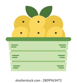 A vibrant illustration of a green crate filled with fresh lemons and leaves on a white background