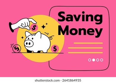 Vibrant illustration: Hand adding coins to a piggy bank. Bold colors, simple graphics. Perfect for articles on saving, budgeting, and financial planning for websites, blogs, or social media.