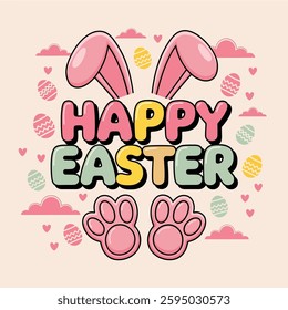 In a vibrant illustration, "Happy Easter" appear in bold, bubbly letters in pastel shades of pink, yellow, and mint green, outlined in crisp white to stand out against a soft, cream background