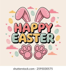 In a vibrant illustration, "Happy Easter" appear in bold, bubbly letters in pastel shades of pink, yellow, and mint green, outlined in crisp white to stand out against a soft, cream background