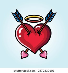 A vibrant illustration of a heart pierced by two cupid's arrows, adorned with a golden halo.