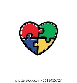 A vibrant illustration of a heart shape "autism heart" composed of four colorful puzzle pieces, symbolizing unity, diversity, and emotional connection.