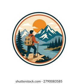 A vibrant illustration of a hiker with a backpack and trekking pole, overlooking a serene mountain lake at sunset or sunrise, surrounded by pine trees and majestic peaks.