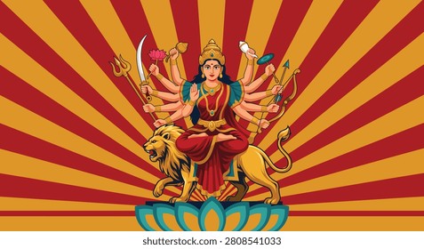 A vibrant illustration of the hindu goddess durga sitting on a lion with multiple arms holding various weapons and a flower