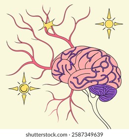 Vibrant illustration of a human brain with detailed vascular system, showcasing neurological pathways.  Perfect for medical, educational, or artistic projects needing a unique.