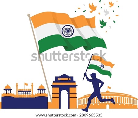 Vibrant illustration of India Independence Day with waving flags, iconic landmarks, and a runner, symbolizing freedom and national pride.