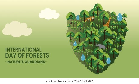 vibrant illustration for the International Day of Forests, depicting forests in the shape of a heart, with wildlife such as tigers and giraffes, symbolizing the role of forests as protectors of nature