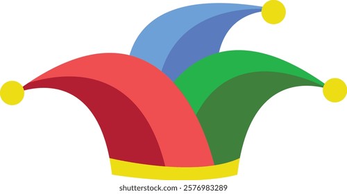 Vibrant illustration of a jester hat with red, green, and blue panels and yellow pom-poms, perfect for festive themes.