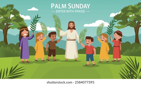  A vibrant illustration of Jesus surrounded by children, all joyfully waving palm branches in celebration, commemorating His triumphant entry into Jerusalem on Palm Sunday.