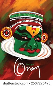 A vibrant illustration of a Kathakali dancer's face with "Happy Onam" Festival Poster promotional materials celebrating Kerala's