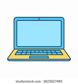 A vibrant illustration of a laptop with a blue screen and yellow keyboard, emphasizing technology and digital devices.